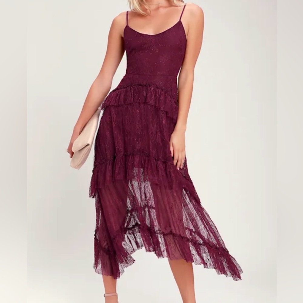 Wonderfully Whimsical Burgundy Lace Ruffled Midi Dress size small